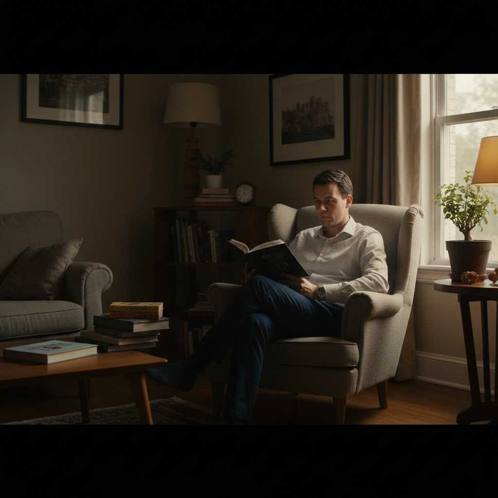 A warmly lit living room. A person is sitting in a comfortable armchair, reading a book. The room is decorated with personal touches, creating a cozy and inviting atmosphere. Soft bokeh highlights the details of the room and the texture of the book's cover.