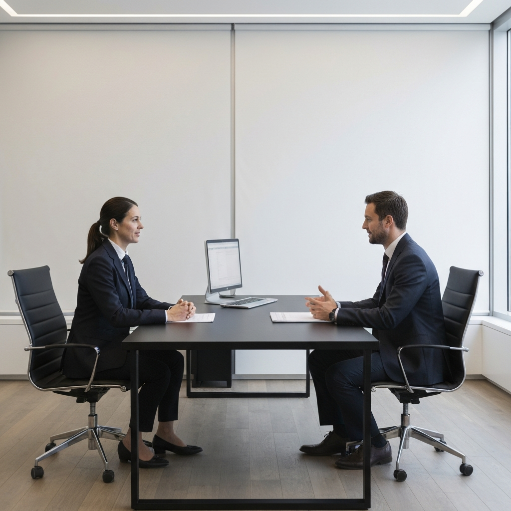 A well-lit office. Two people are engaged in a one-on-one conversation, making eye contact and actively listening to each other. The atmosphere is professional and respectful. The surfaces are sleek and modern.