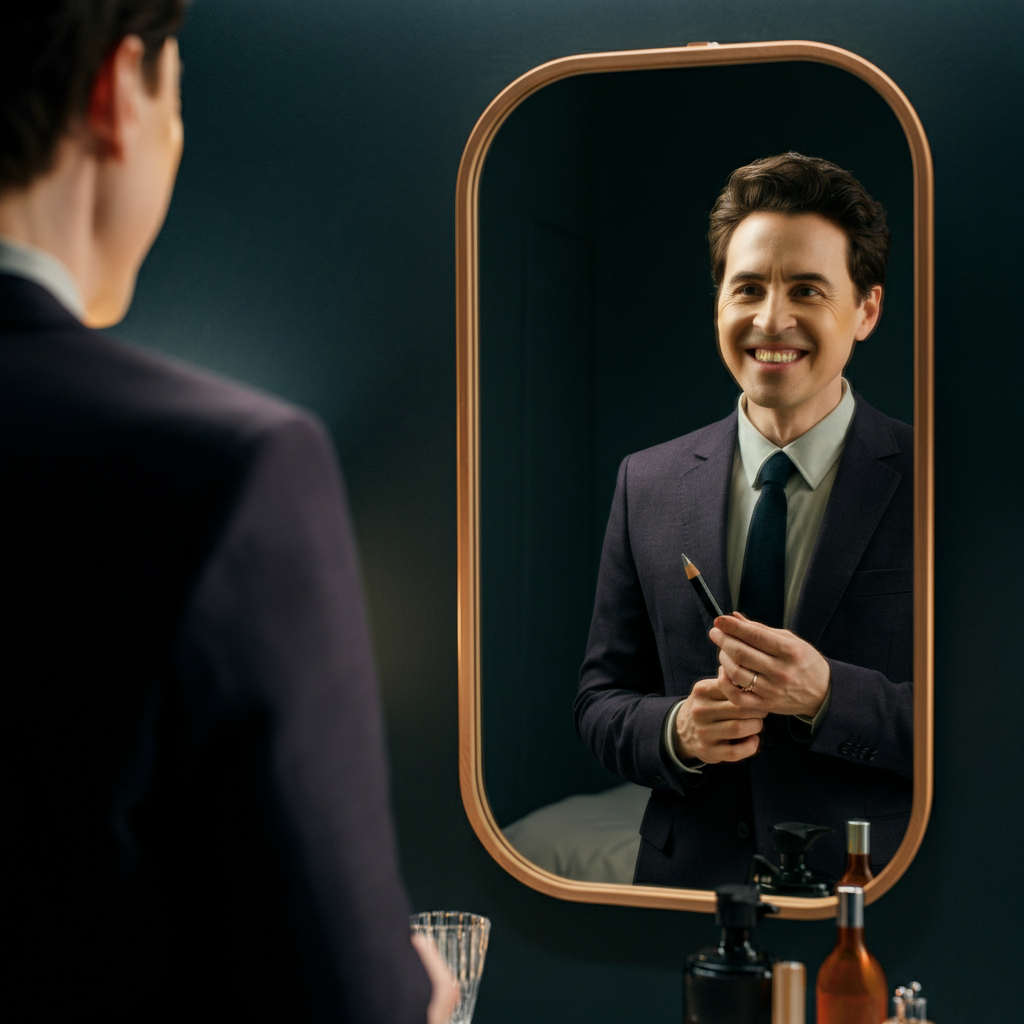 A person standing in front of a mirror, practicing a presentation. They are smiling confidently and making eye contact with their reflection. The lighting is bright and natural, highlighting their facial expressions. The background is simple and uncluttered.