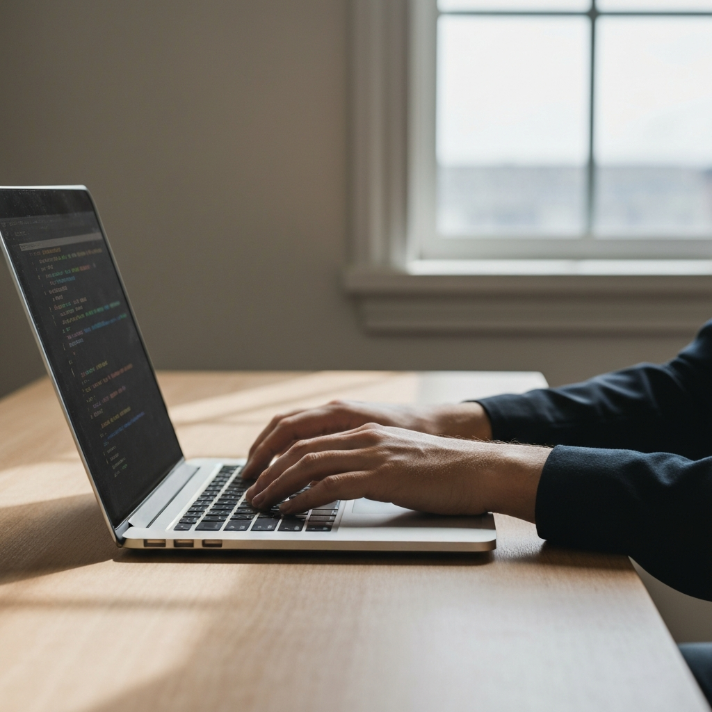 A close-up shot of a developer's hands typing code on a laptop. The laptop is placed on a clean wooden desk with a minimalist design. Natural light streams in from a nearby window, illuminating the keyboard and hands.