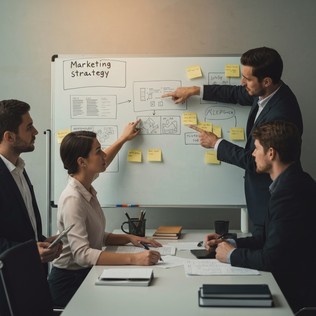 A well-organized office with a whiteboard covered in notes and diagrams related to marketing strategy. A team of three, in professional clothing, collaborates, pointing at the whiteboard and discussing ideas. Warm color temperature.