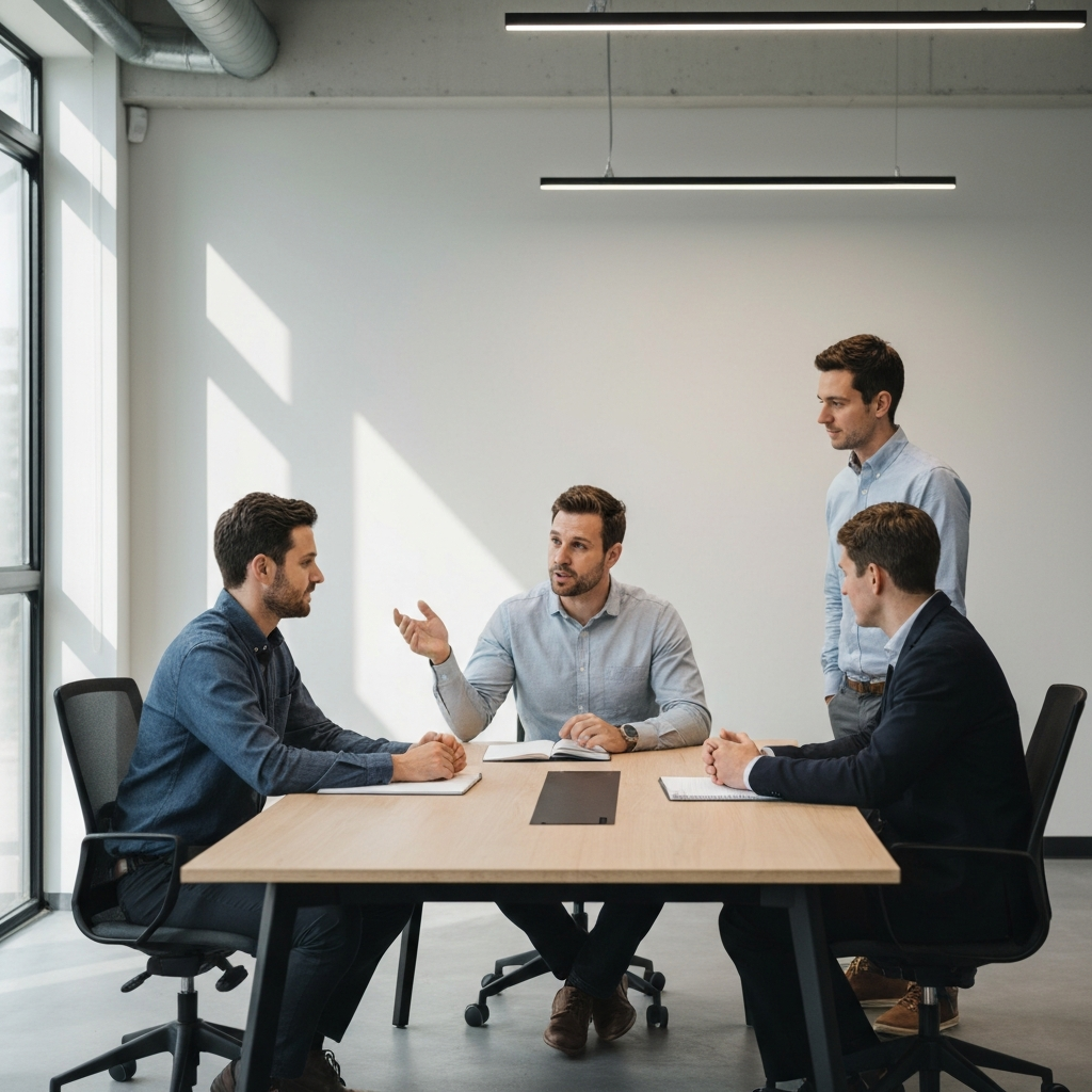 A collaborative workspace with three individuals, in casual business attire, collaborating around a table. One person gestures while explaining a point, while the others listen attentively. Natural light floods the room.