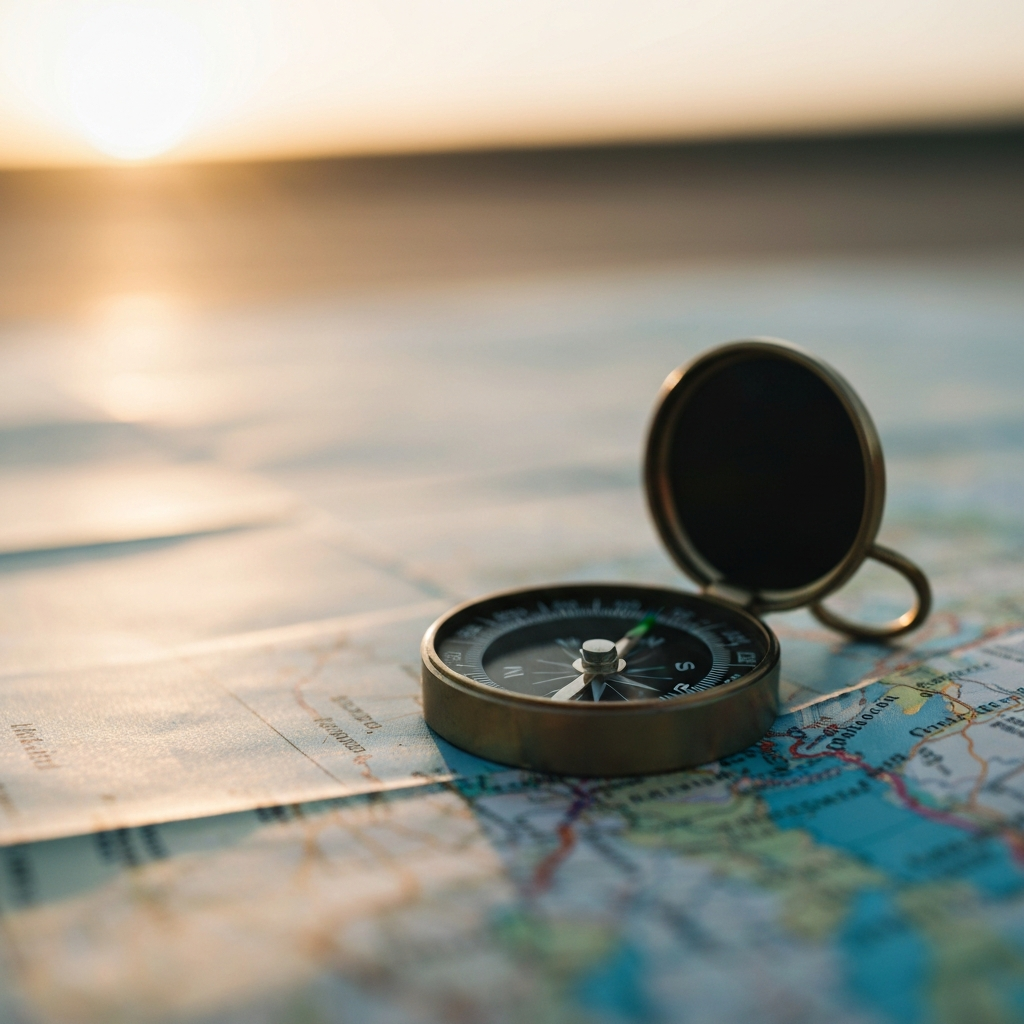A close-up, slightly blurred shot of a compass resting on a map. The map is partially visible, showing various destinations. The lighting is soft and diffused, creating a sense of exploration and direction.