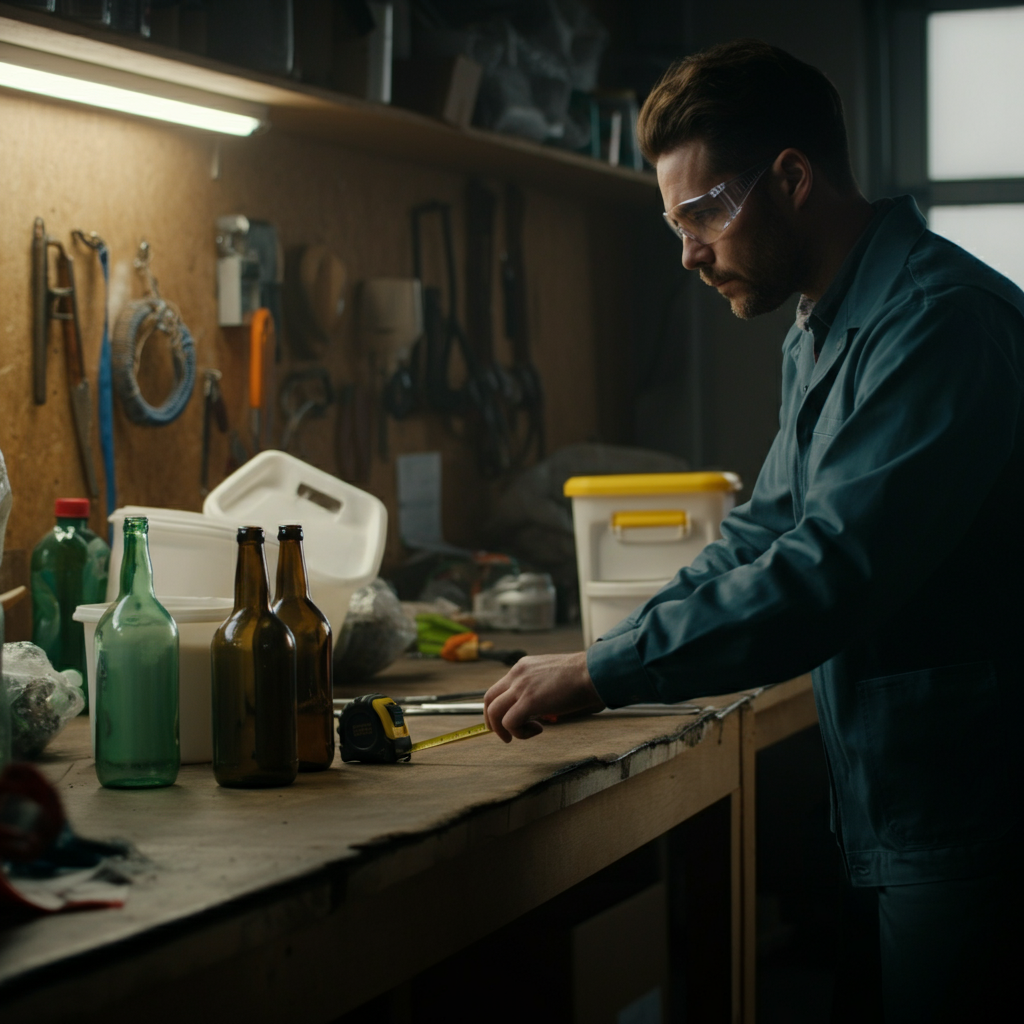 A brightly lit garage workbench. Various clean recyclables (glass bottles, plastic containers, metal cans) are neatly arranged. A person wearing safety glasses is inspecting a wooden pallet with a measuring tape.