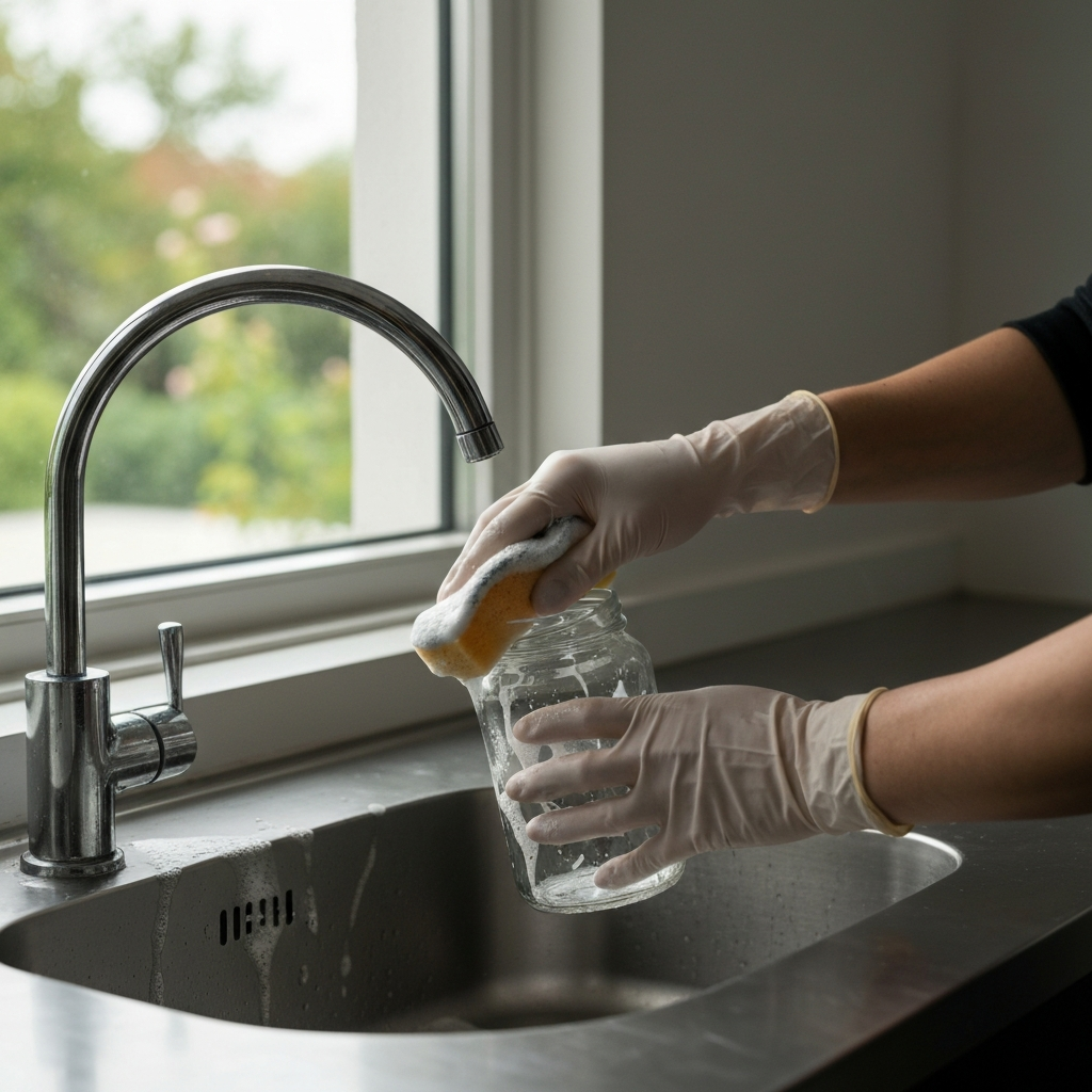 A close-up shot of gloved hands scrubbing a glass jar with a sponge and soapy water in a stainless steel sink. Soft bokeh of a garden visible through a nearby window.