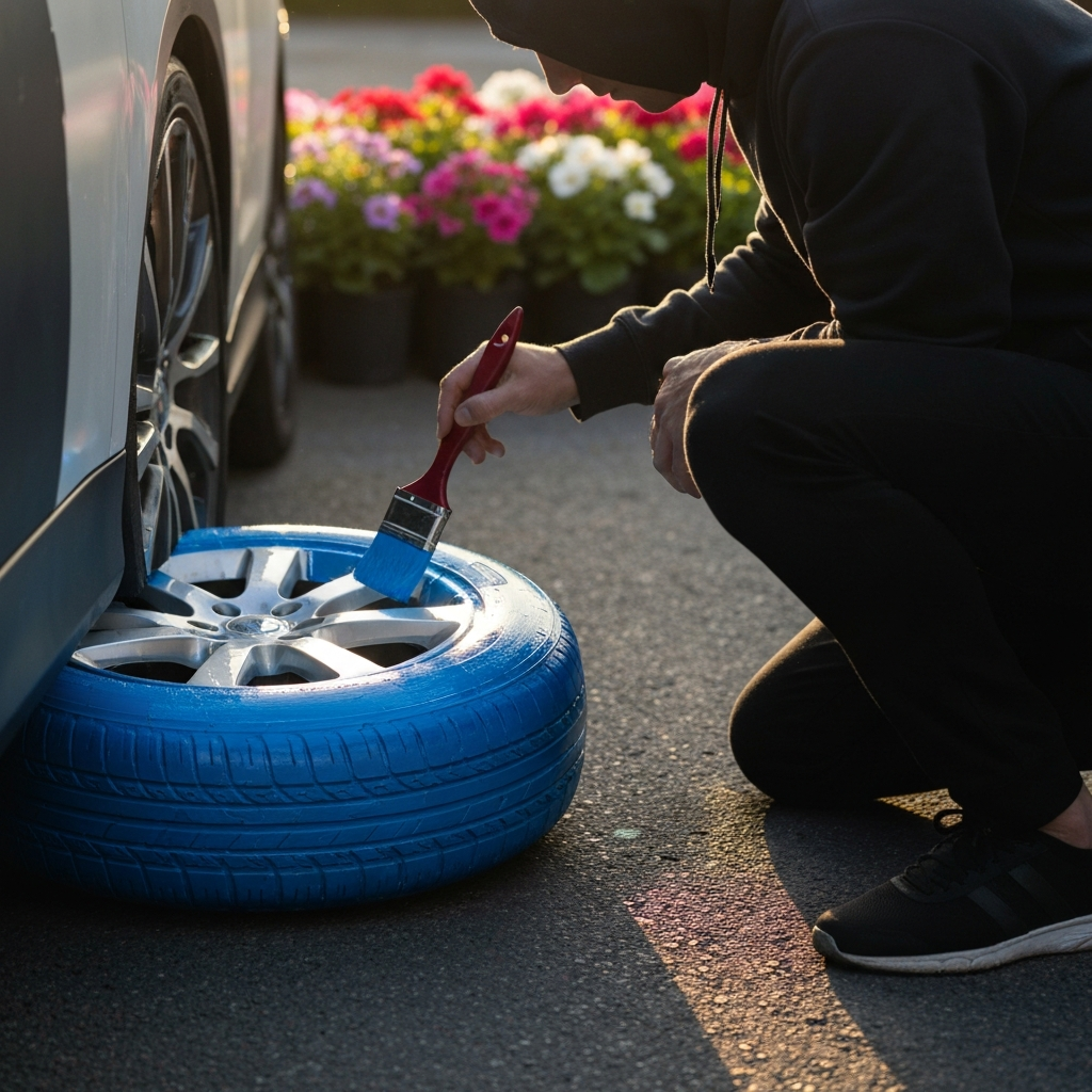 A person kneeling and painting a car tire bright blue with a paintbrush outdoors. Sunlight reflecting off the wet paint. A selection of colorful potted flowers visible in the background.