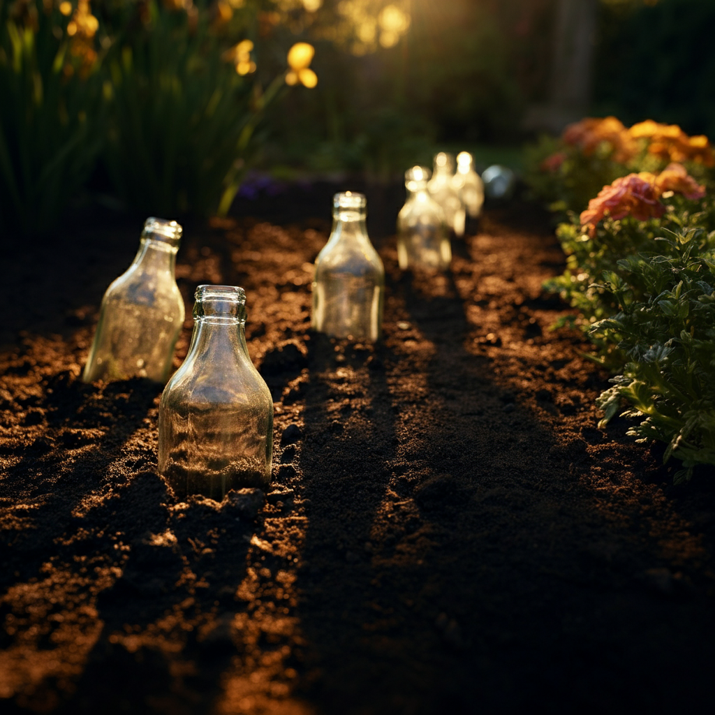 A row of clear glass bottles, half-buried upside down in the soil, forming a neat border along a flower bed. Golden hour lighting casting long shadows across the garden.