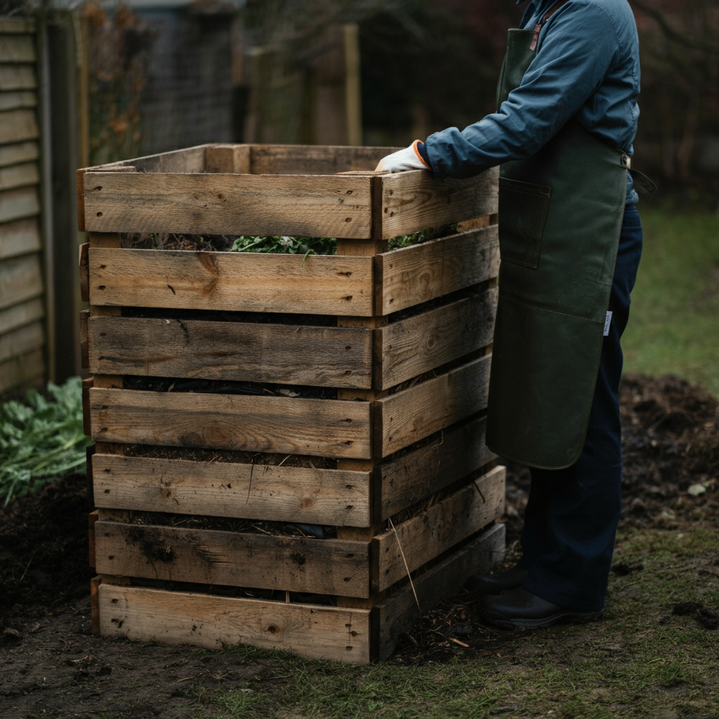 A compost bin constructed from four wooden pallets, standing in a garden corner. Close-up on the texture of the aged wood, with composting materials visible inside.