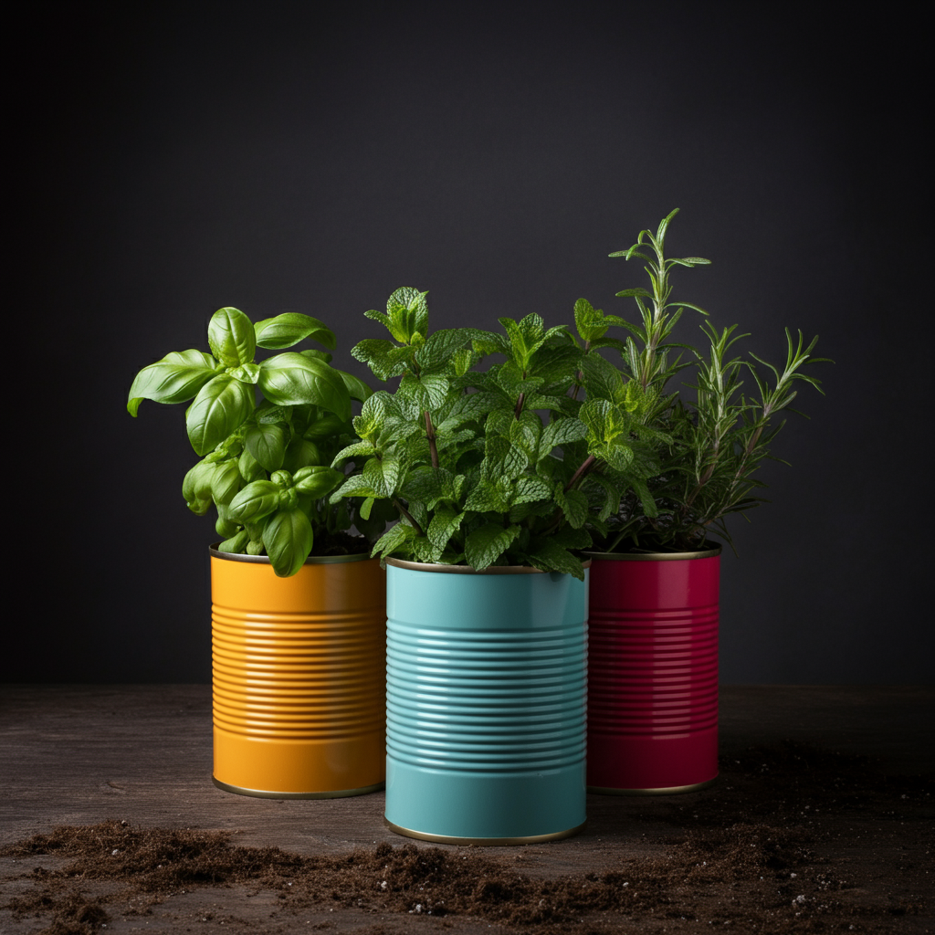 A collection of colorful painted metal cans, each containing a different herb (basil, mint, rosemary). Soft side lighting highlighting the textures of the soil and plant leaves.