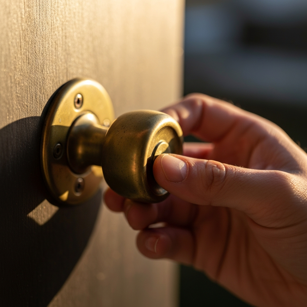 A close-up shot of a hand gently turning a tarnished brass doorknob in soft golden hour lighting. Focus on the intricate details of the metal and the play of light on its surface, conveying a sense of age and history. Background is softly blurred.