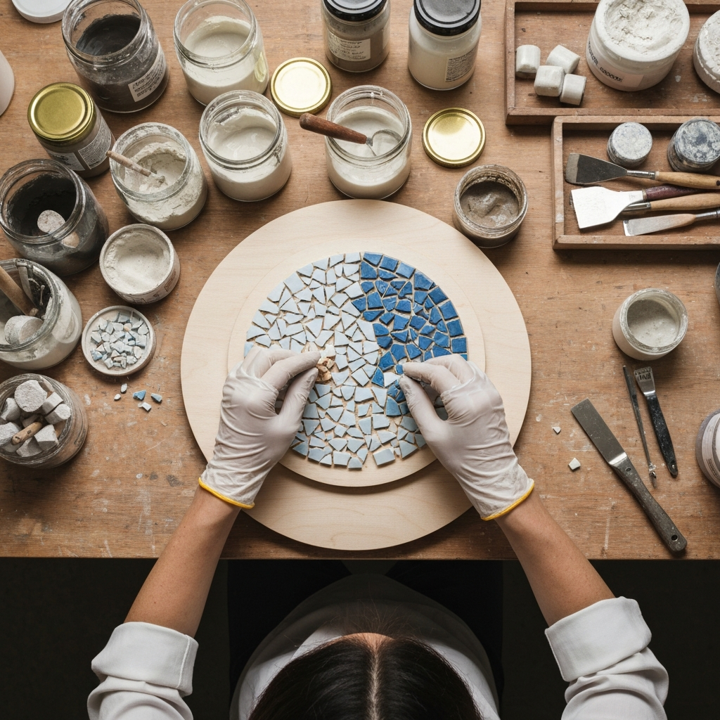 Overhead shot of a well-lit workspace. Hands, wearing protective gloves, carefully placing small pieces of colorful broken ceramic onto a circular wooden base. The background shows various jars containing grout, adhesive, and other mosaic-making tools, arranged neatly on a wooden workbench.