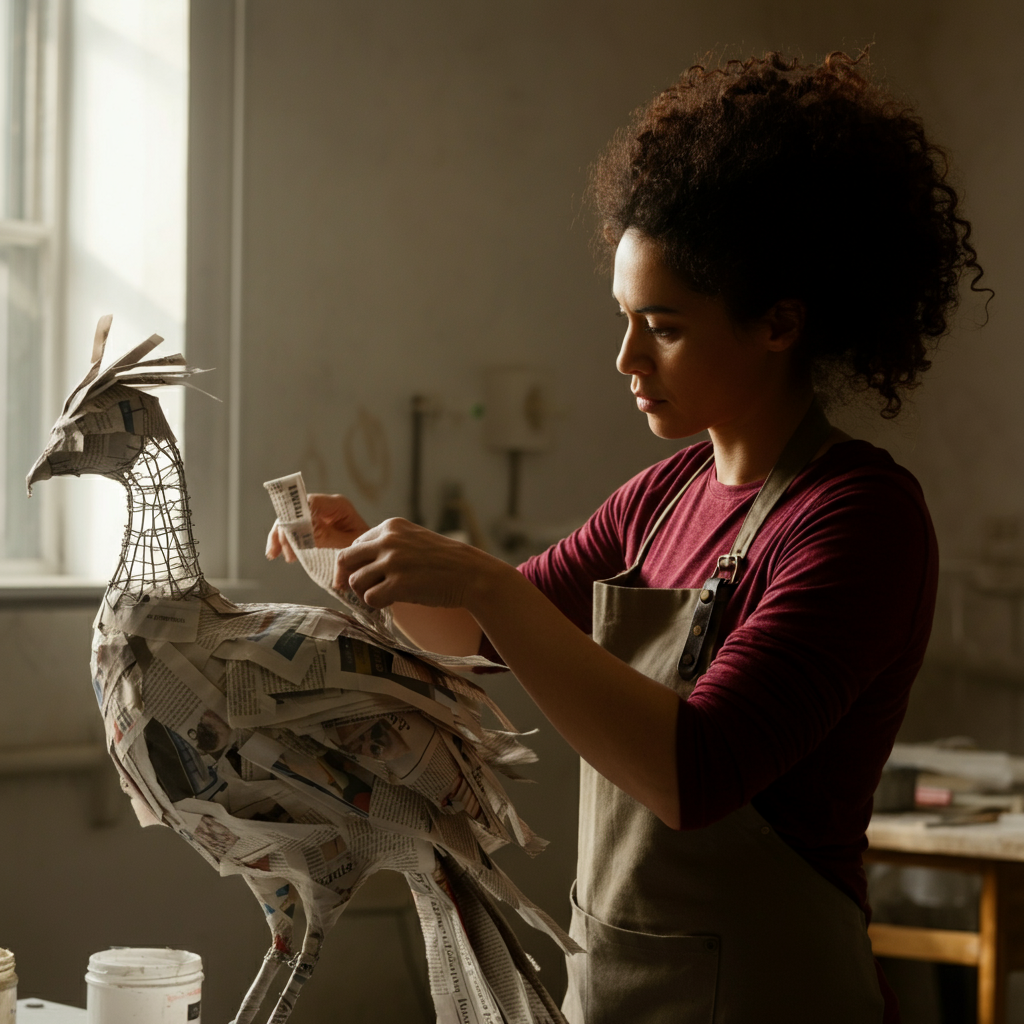 A medium shot of an artist, wearing an apron, carefully applying strips of newspaper coated in paste to a wire armature in the shape of a bird. Natural light streams in from a nearby window, highlighting the texture of the paper mache. Background is a clean and organized studio space.