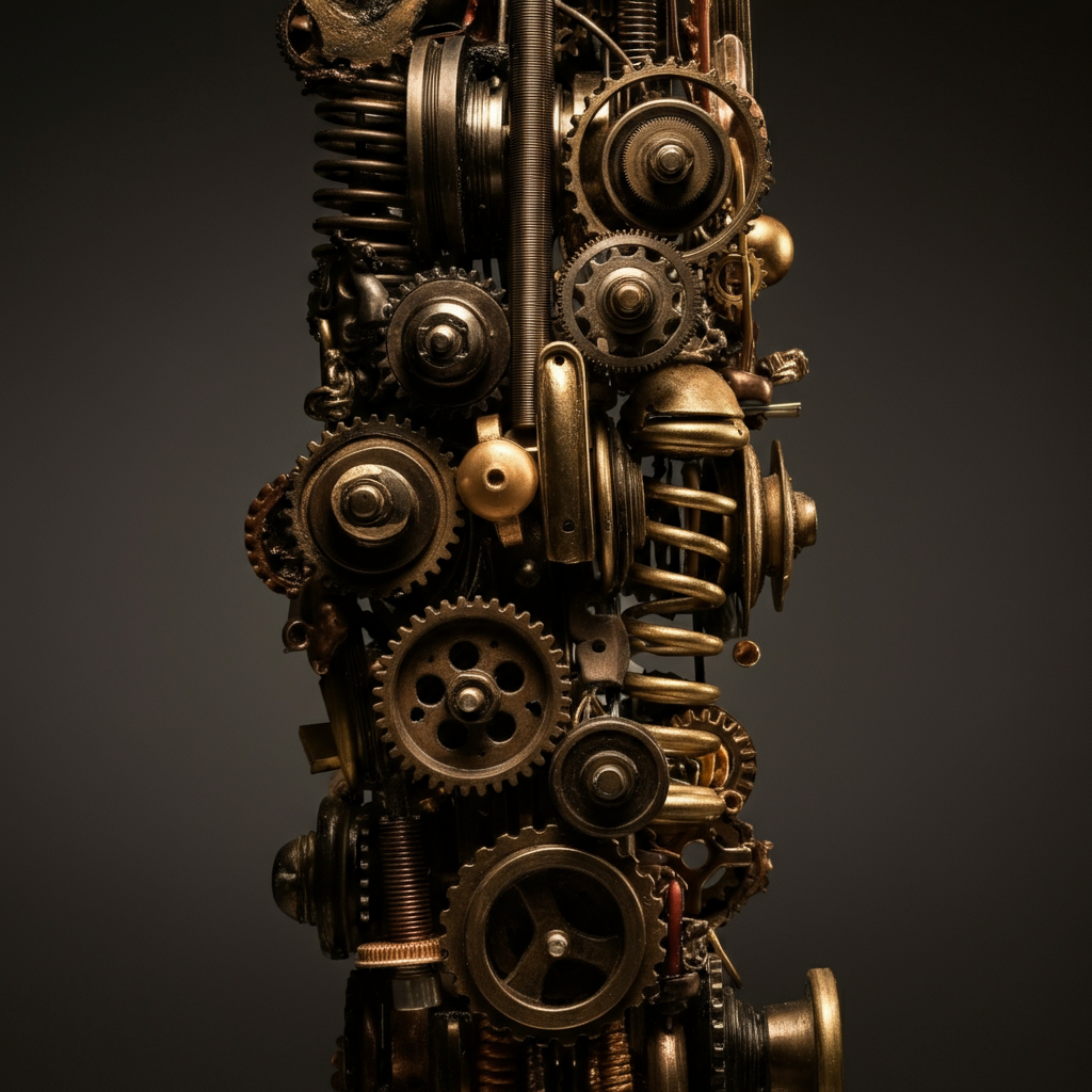 A side-lit photograph highlighting the textures of an assemblage sculpture made from gears, springs, and other mechanical components. The lighting casts dramatic shadows, emphasizing the three-dimensional nature of the artwork. The background is a neutral gray, allowing the sculpture to take center stage.