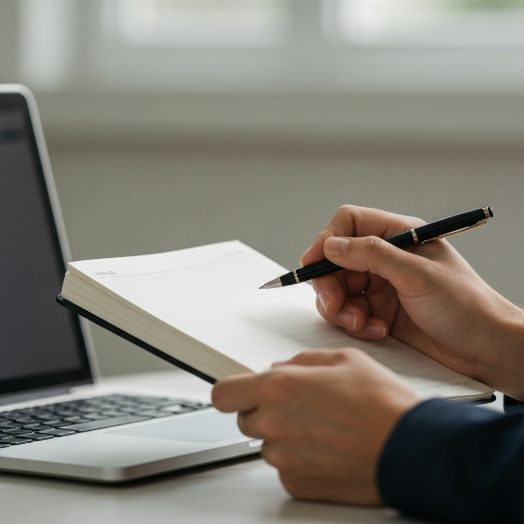 Close-up shot of a hand holding a notepad and pen, with a laptop screen blurred in the soft bokeh background. The lighting is natural and diffused, highlighting the texture of the notepad paper.