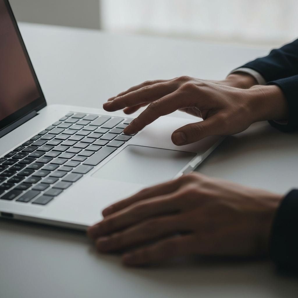 Hands pressing the power button of a modern laptop. The keyboard is softly illuminated from the screen. The angle is slightly elevated, showcasing the brushed aluminum texture of the laptop casing.