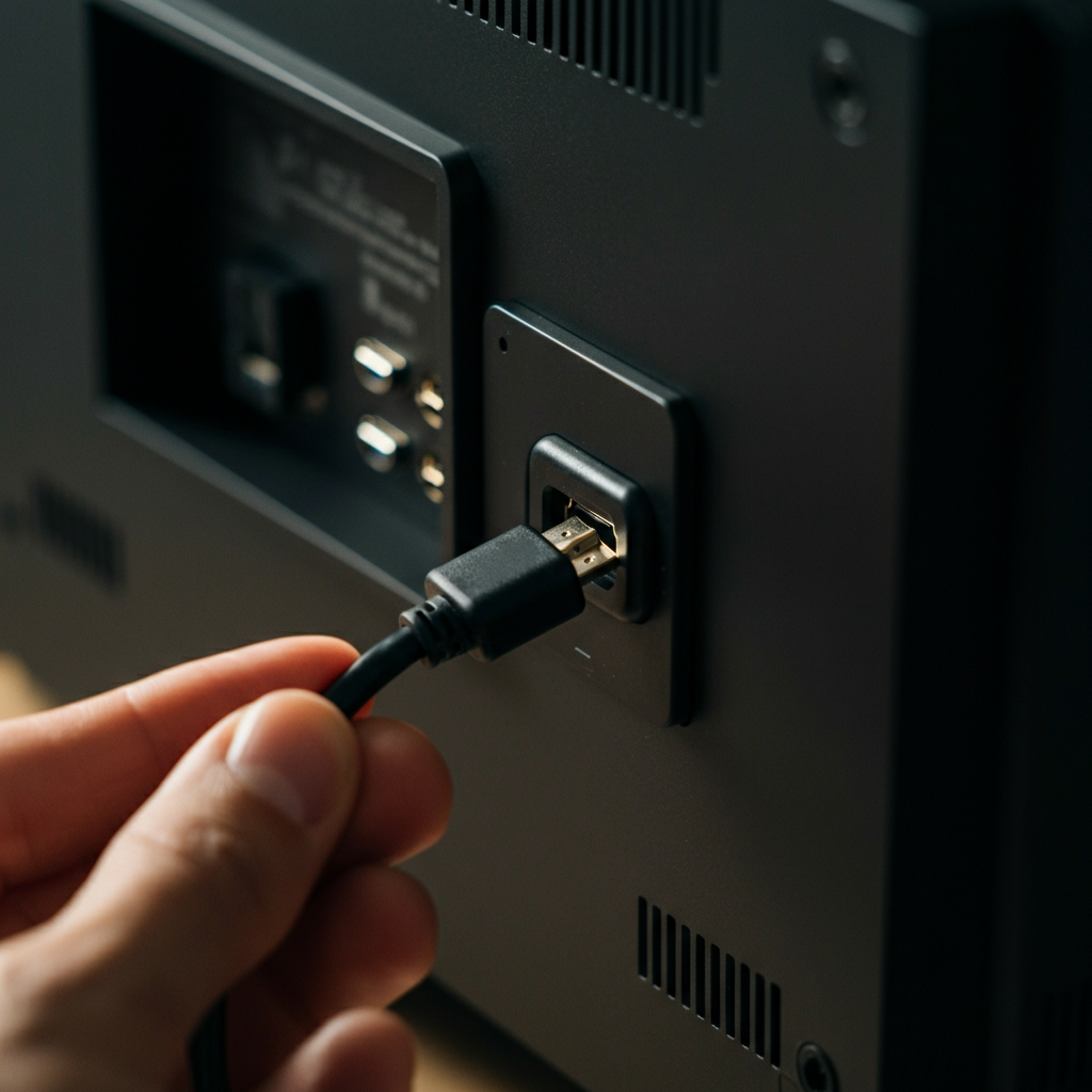 Hands checking the HDMI cable connection on the back of a monitor. The light source is coming from the left, casting a soft shadow and highlighting the texture of the cable insulation.