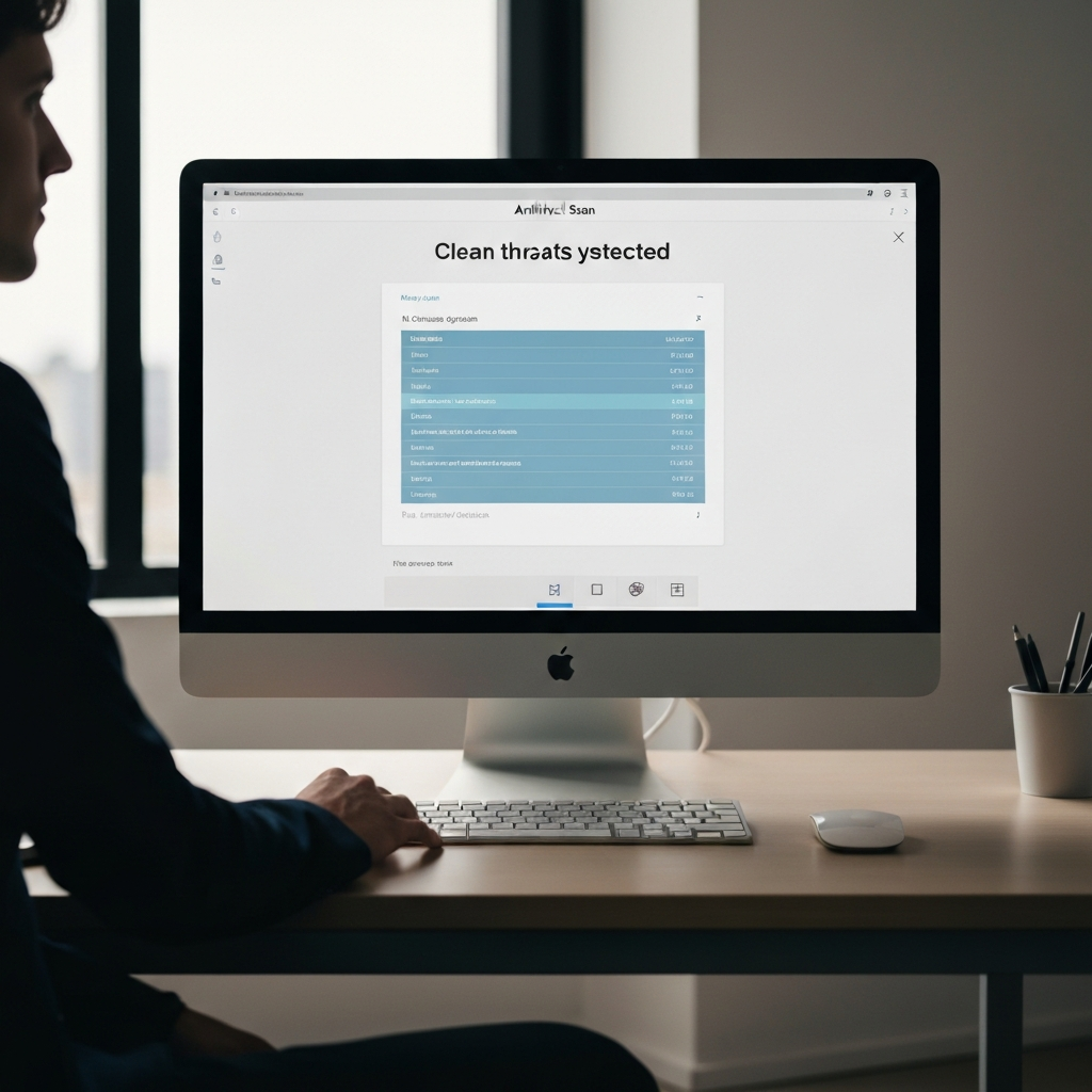 A computer screen displaying the results of an antivirus scan, showing a clean system with no threats detected. The lighting is professional, casting a slight glow on the surrounding desk.