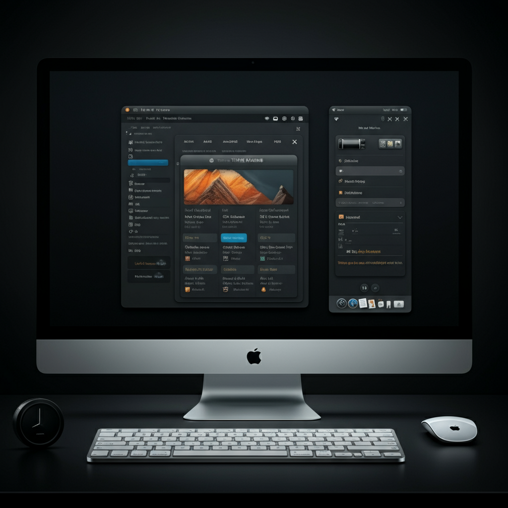 The macOS Time Machine interface displayed on a large monitor. The visual is professional, highlighting the UI elements with even lighting.