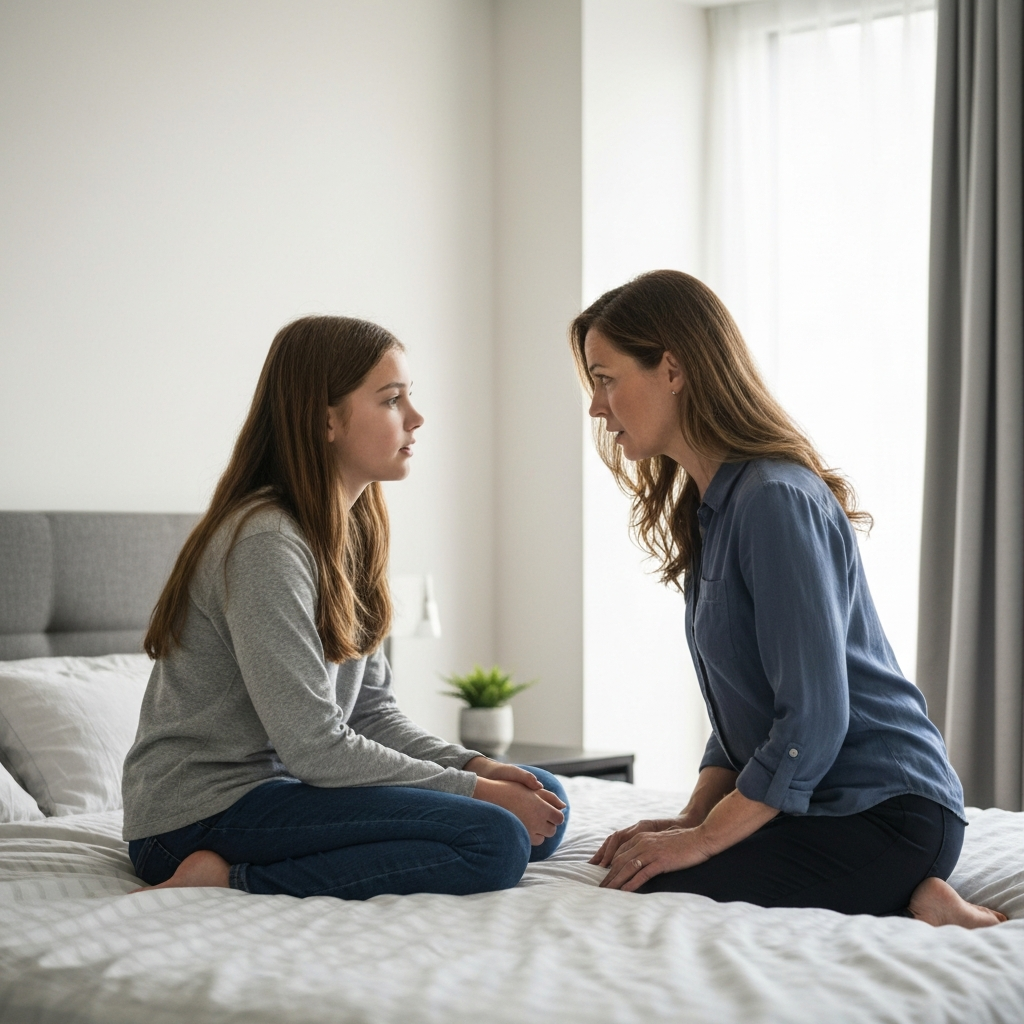 A teenage daughter sitting on her bed, talking to her mother who is kneeling beside her. The room has soft, indirect light, and the focus is on their faces, showing concern and empathy. The textures of the bedspread and the daughter's clothes are subtly visible.