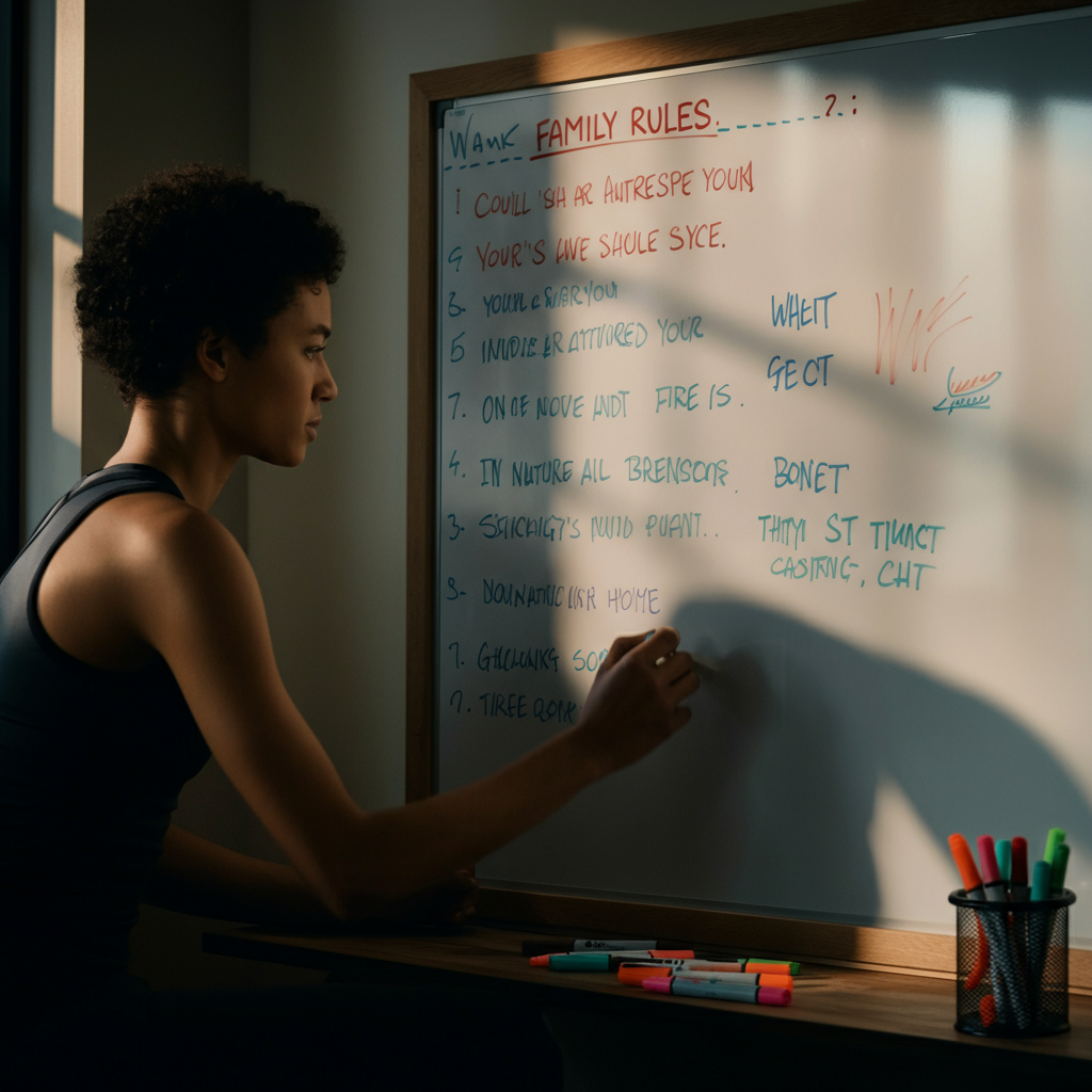 A whiteboard in a home office, clearly displaying a list of family rules in neat handwriting. The lighting is bright and even, highlighting the clarity of the text. Various colored markers are lying nearby.