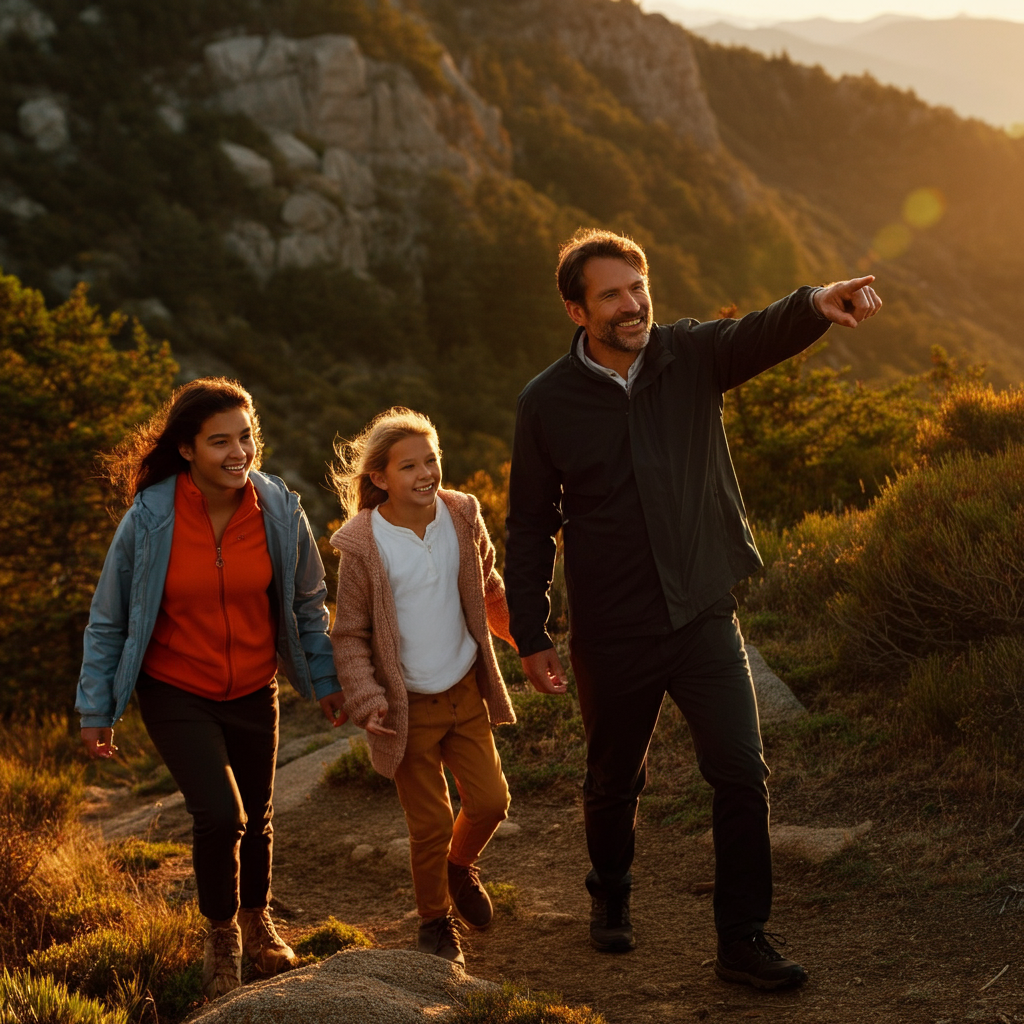 A family hiking on a mountain trail during golden hour. The warm sunlight illuminates their faces as they laugh and point at the scenery. The trees and rocks in the background are blurred slightly, emphasizing the family in the foreground.