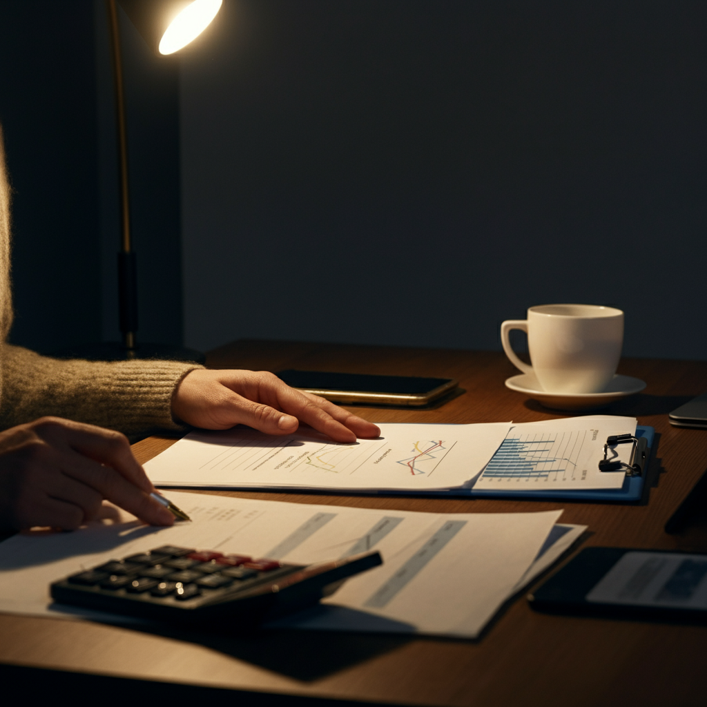 A well-lit office with a person reviewing financial documents at a desk. The soft light from a lamp highlights the textures of the paper. A calculator and a cup of coffee are also on the desk.