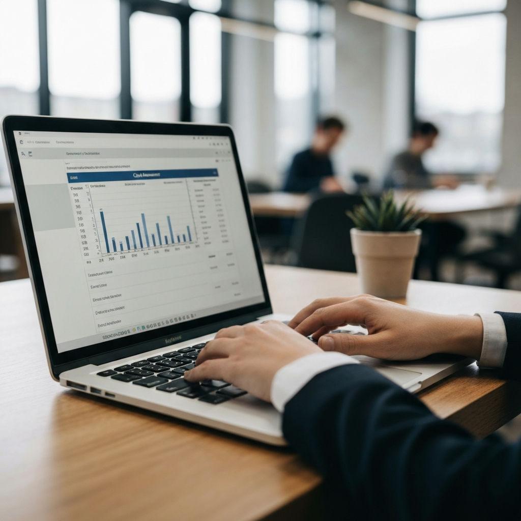 A close-up shot of hands typing on a laptop keyboard in a modern office setting. The screen displays a cash flow statement. Soft focus in the background suggests a bustling office environment.
