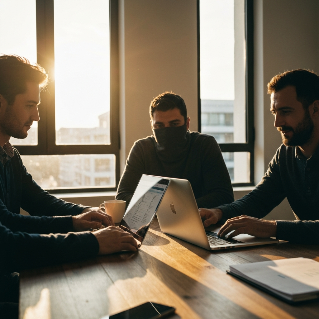 A brightly lit office space with a small team collaborating around a table, reviewing a spreadsheet on a laptop. Natural light streams in through a large window. The textures of the wood table and the laptop surface are clearly visible.