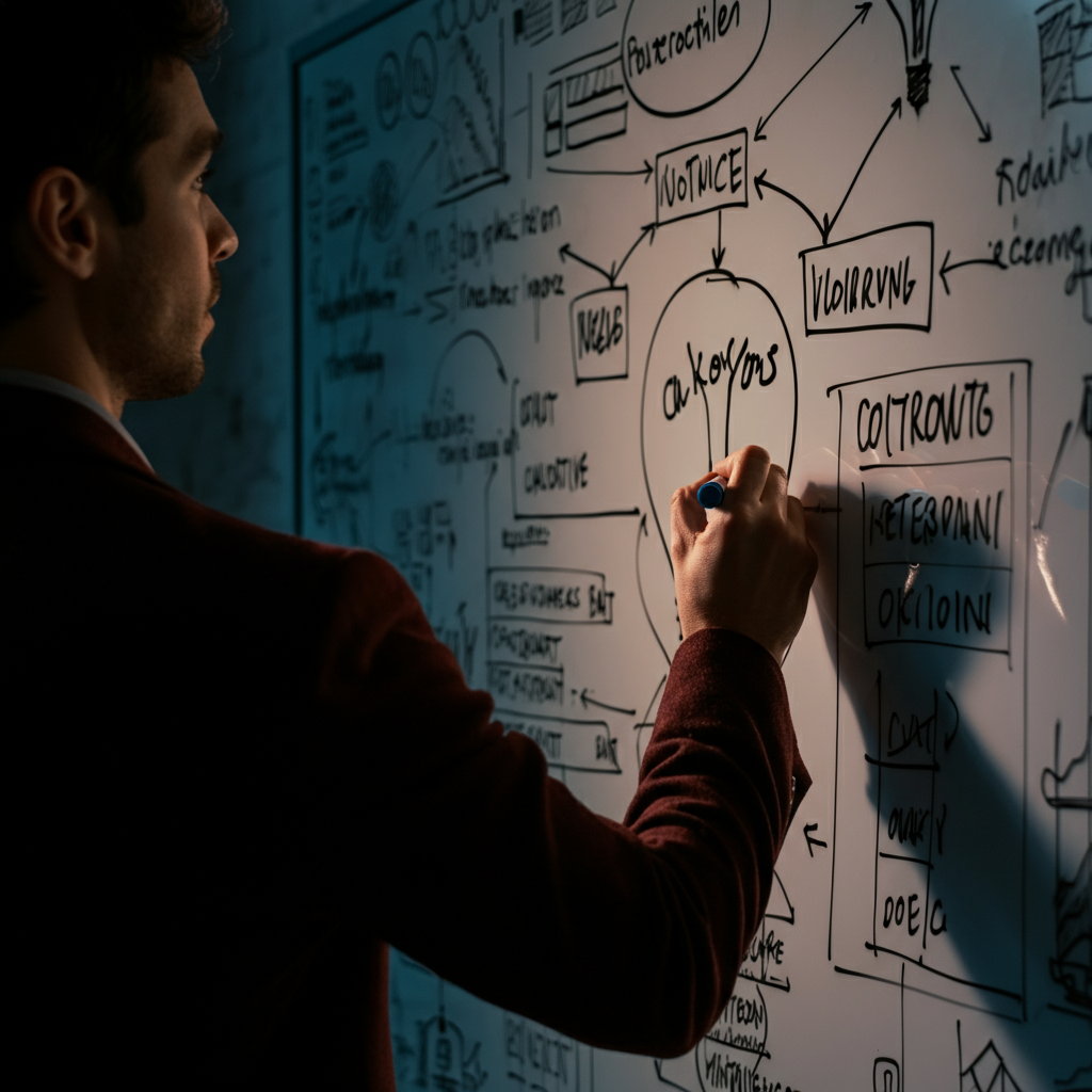 A person sketching ideas on a whiteboard in a creative office. The whiteboard is covered with diagrams, keywords, and arrows, illuminated by soft, diffused light. The textures of the whiteboard and markers are detailed.