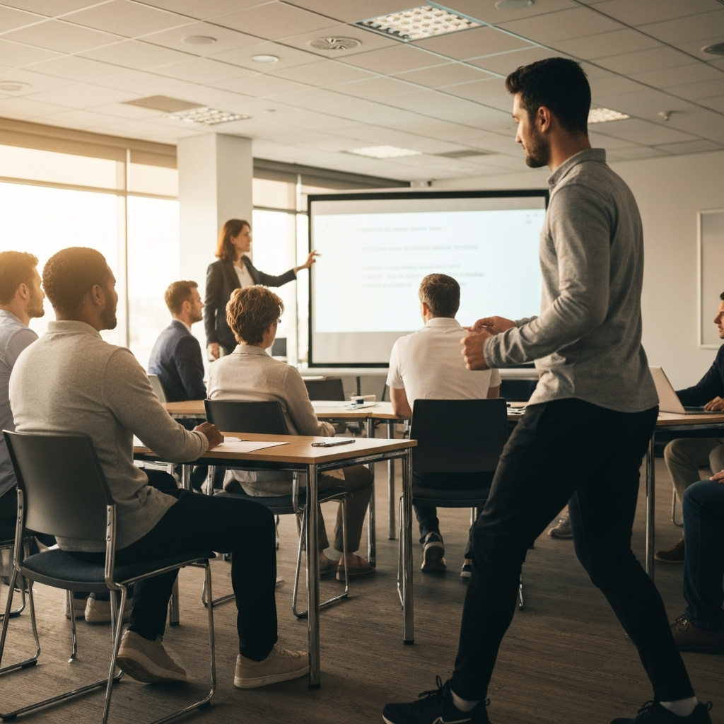 A diverse group of employees participating in a training session in a modern conference room. The room is brightly lit, and the participants are engaged in a presentation on a projector screen. Textures of the chairs and tables are visible.