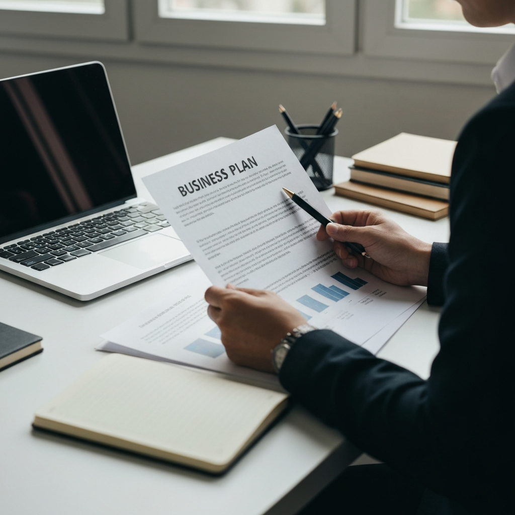 A person sitting at a desk, carefully reviewing a business plan document. The desk is organized with a laptop, notebook, and pen. Natural light streams in from a nearby window, highlighting the textures of the paper and the desk.