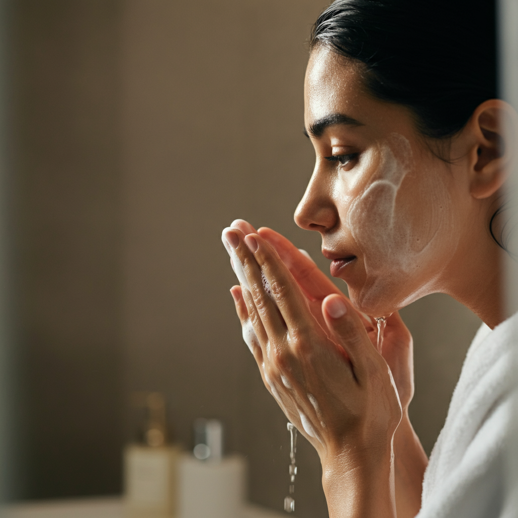 A close-up shot of a woman's hands gently washing her face with a foaming cleanser. Soft, diffused light highlights the water droplets and the texture of her skin. The background is a blurred bathroom setting with neutral tones.