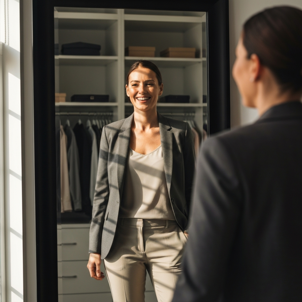 A woman smiling at her reflection in a full-length mirror. She is wearing a well-fitting blazer, a simple top, and tailored pants. Natural light streams through a window, illuminating her face and the fabric of her clothing. The background is a stylish, organized closet.