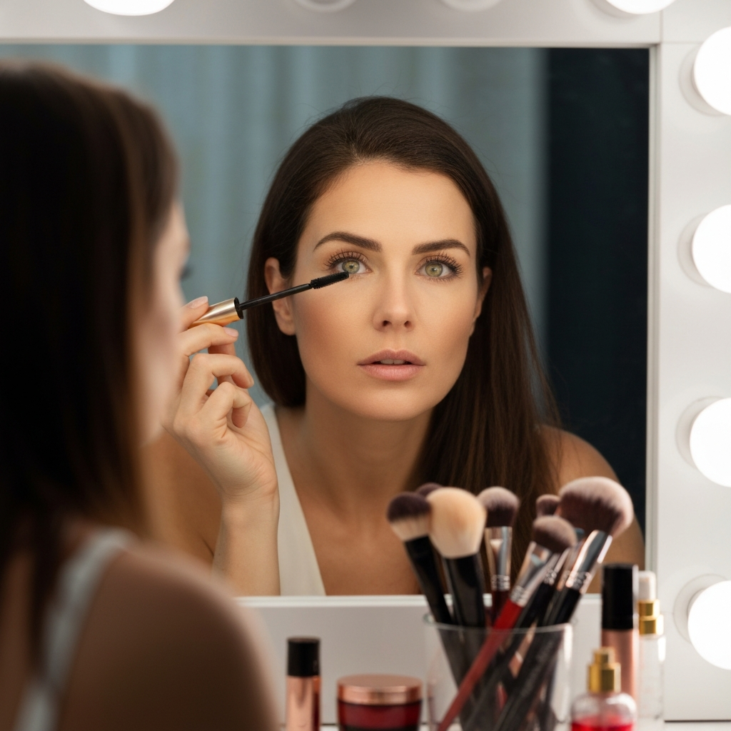 A woman applying mascara in front of a vanity mirror. Soft, natural light illuminates her face, highlighting her eyes and lashes. The background is a clean and organized vanity with various makeup brushes and products.