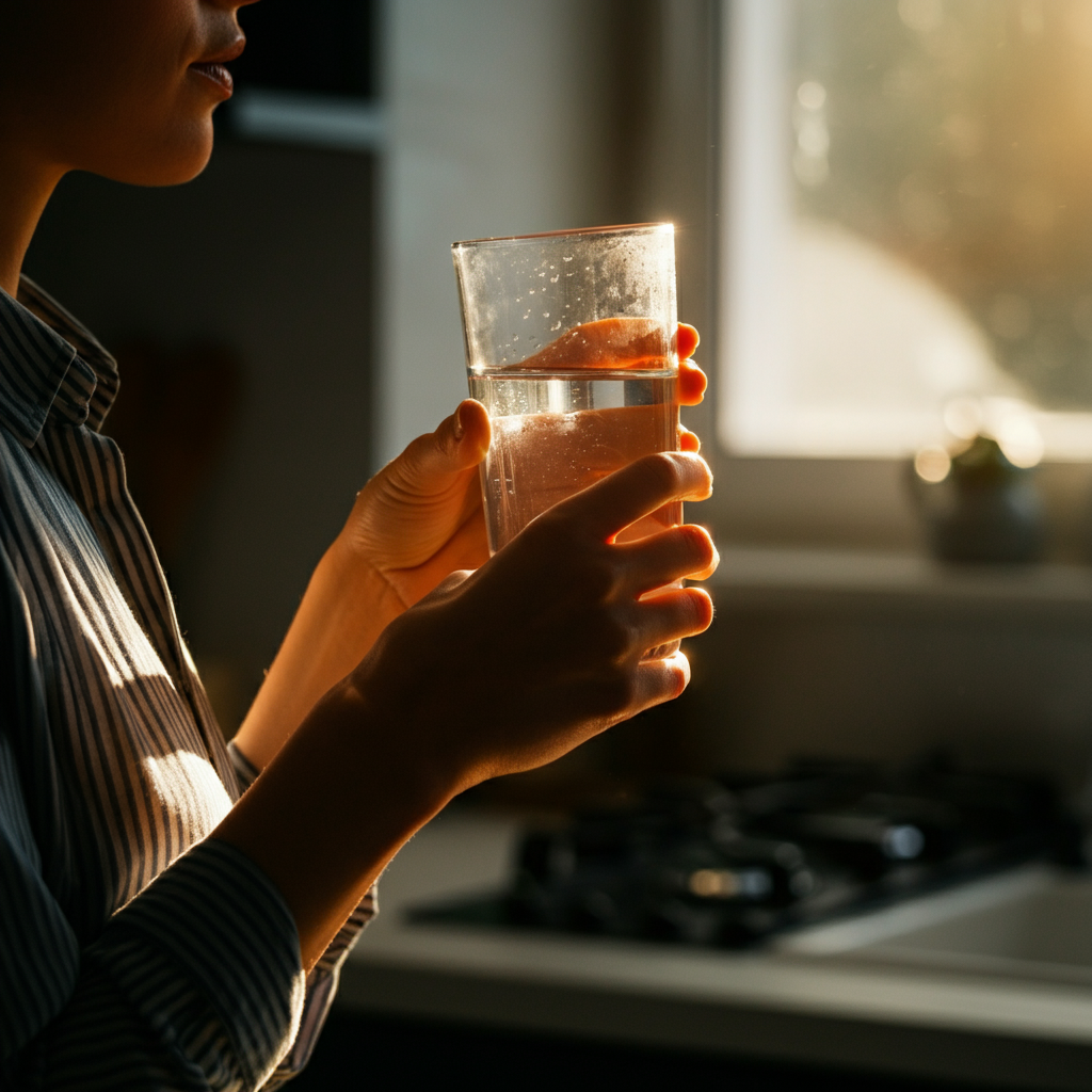 A woman holding a glass of water, backlit by the morning sun. The light catches the condensation on the glass and creates a warm, inviting atmosphere. The background is a blurred kitchen setting.
