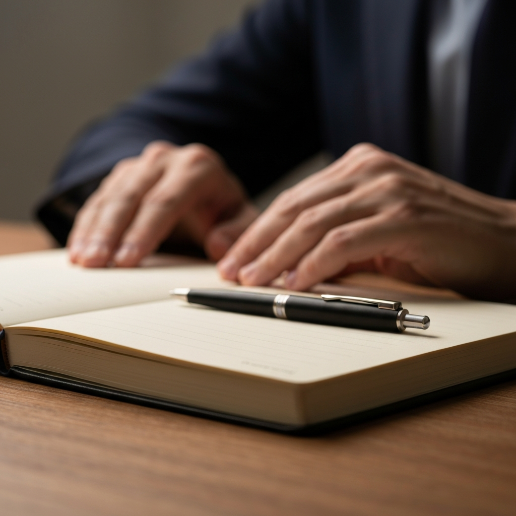 A close-up shot of a journal and pen on a wooden desk. Soft, warm light highlights the texture of the paper and the pen's metallic details. A blurred background suggests a quiet study.