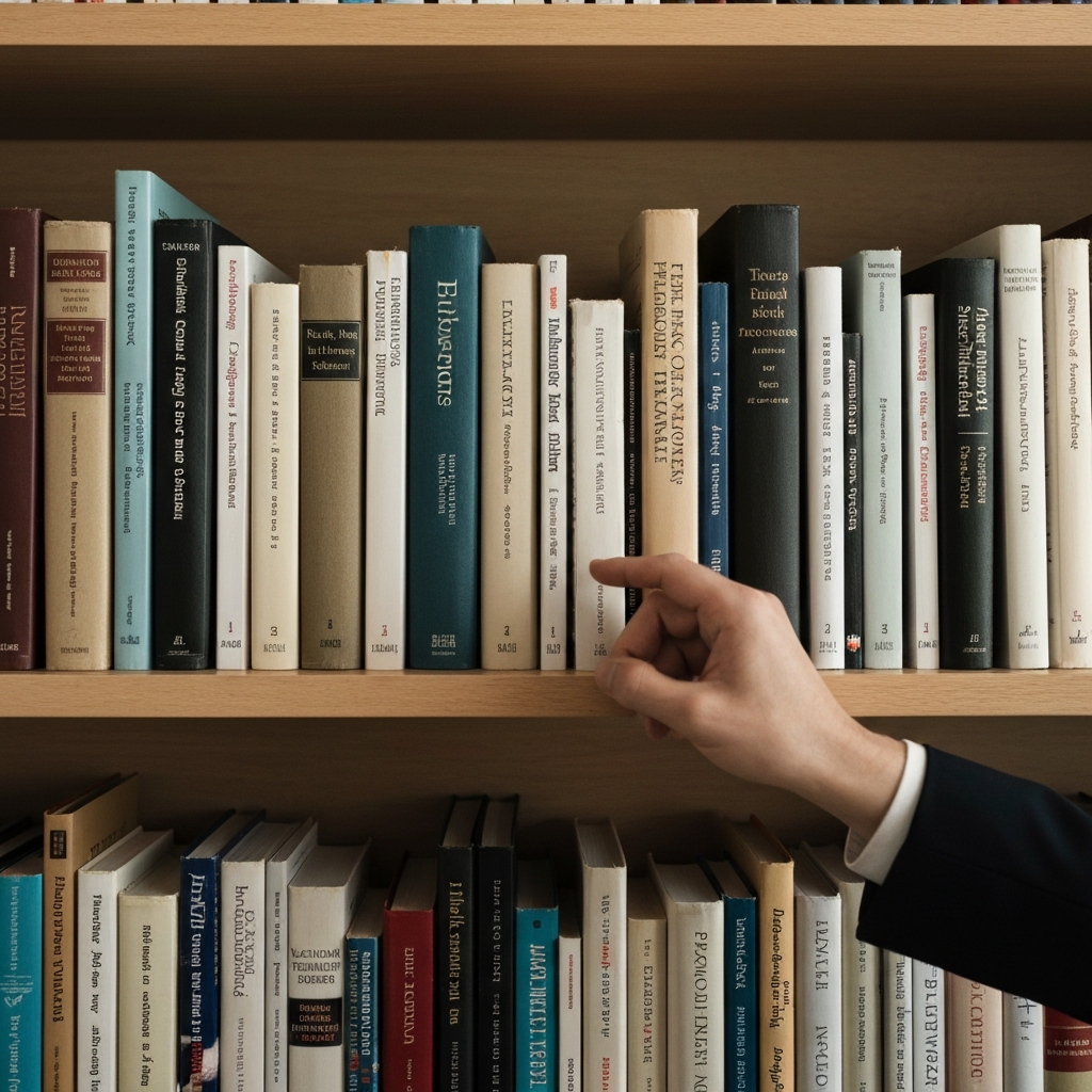 A bookshelf filled with various philosophical and historical texts. Shallow depth of field blurs the books in the background, focusing on a hand reaching for a specific title. Warm, indirect lighting creates a sense of intellectual exploration.