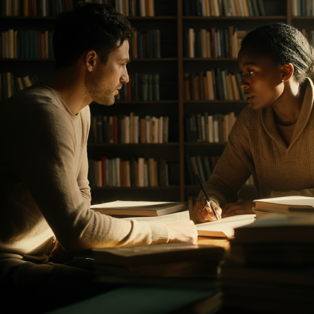 Two people engaged in a thoughtful discussion in a library setting. The light is diffused and natural, highlighting their focused expressions and the subtle textures of the surrounding books. The composition emphasizes intellectual engagement.