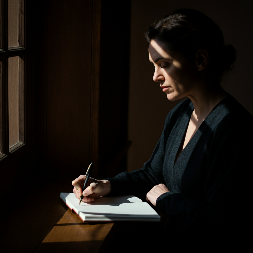 A person writing in a journal with a focused expression. Natural light streams in from a nearby window, casting soft shadows on the page. The composition emphasizes concentration and reflection.