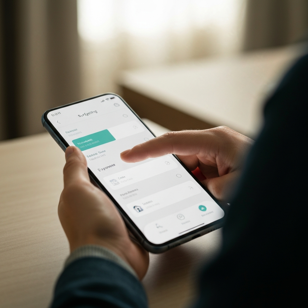 Close-up shot of a hand using a budgeting app on a smartphone. Soft, natural light illuminates the screen, highlighting the user interface and clear categories of expenses. The background is blurred, suggesting a comfortable home environment.