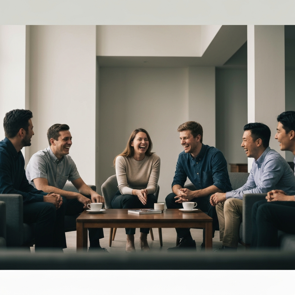 A group of young adults sitting around a coffee table, laughing and engaged in conversation. Warm, ambient lighting creates a cozy atmosphere. The focus is on their relaxed postures and genuine smiles, suggesting a close and supportive connection.