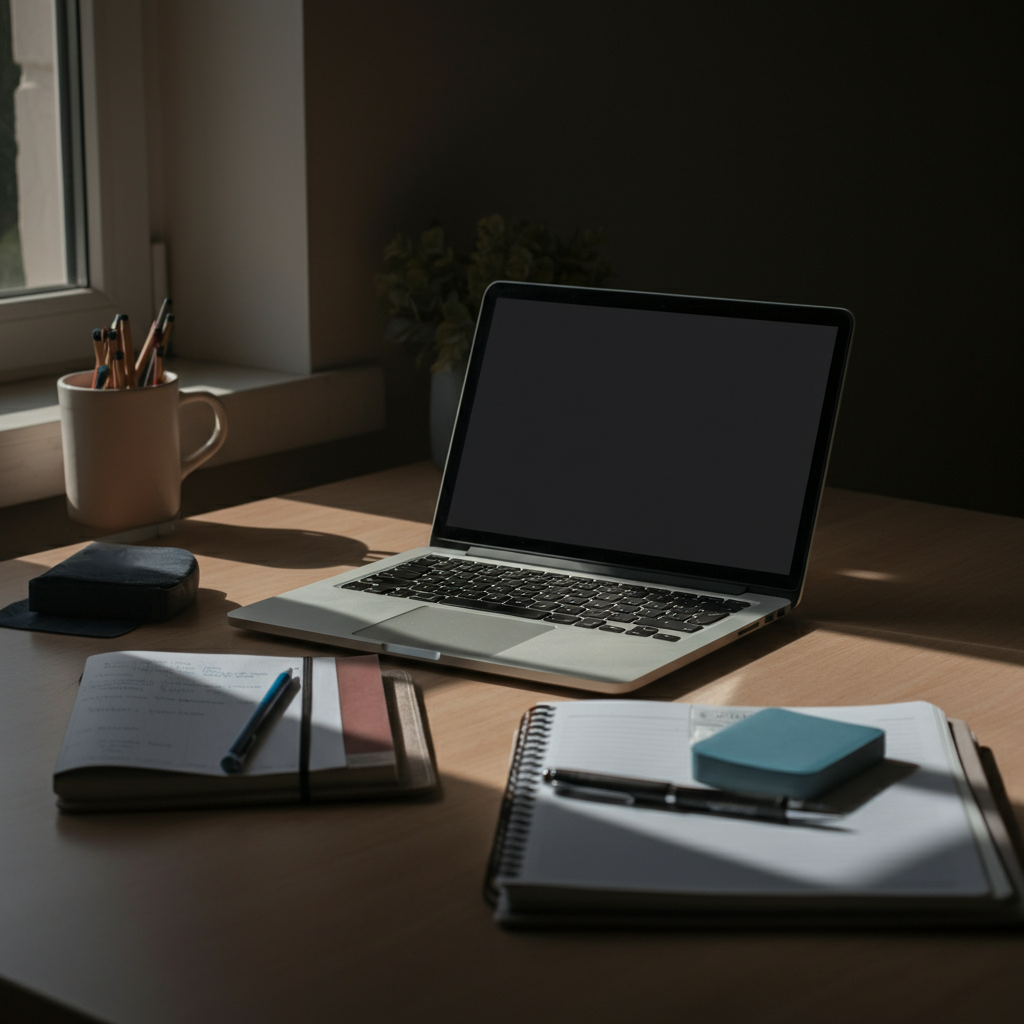 A tidy desk with a laptop, notebook, and planner. Natural light streams in from a nearby window, illuminating the organized workspace. The composition emphasizes cleanliness and efficiency, with all items neatly arranged and easily accessible.