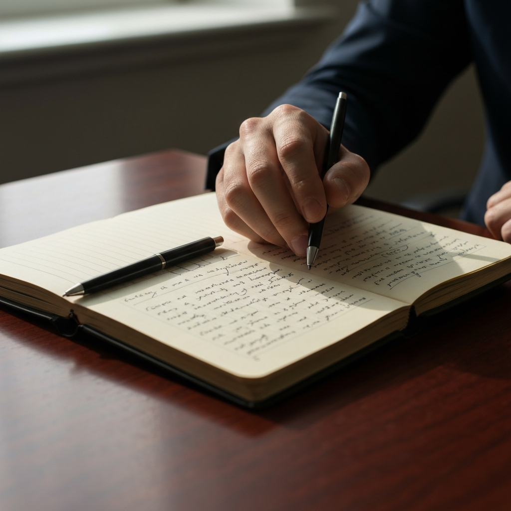 A close-up shot of a weathered notebook and a pen lying on a mahogany desk, illuminated by soft, diffused light from a nearby window. The notebook is open, revealing handwritten notes and scribbled ideas, conveying a sense of introspective thought and careful planning.