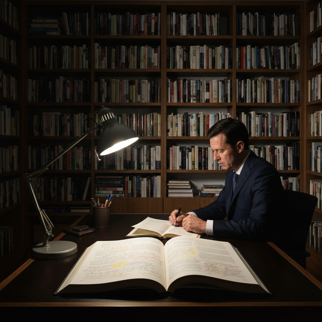 A dimly lit study filled with towering bookshelves. A single desk lamp casts a warm glow on an open book, its pages filled with annotations and highlighted passages. The room exudes an atmosphere of scholarly dedication and focused study.