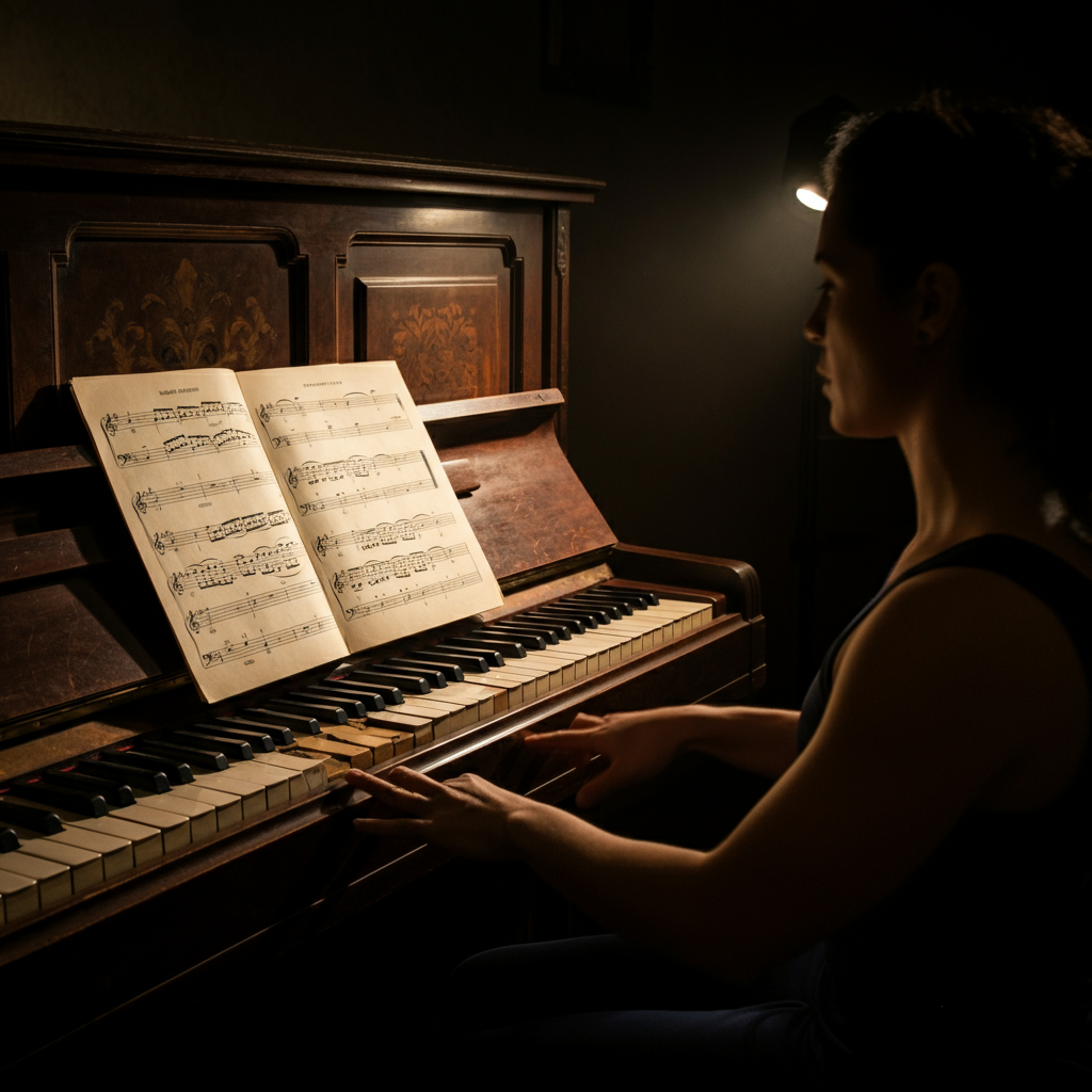 An old piano in a music room. A single spotlight illuminates the keys, highlighting the ivory and ebony textures. Sheet music rests on the stand, slightly worn but meticulously organized.