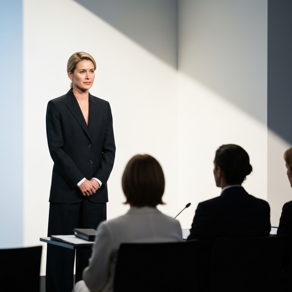 A well-dressed person standing confidently on a stage, facing a panel of judges. Soft, focused lighting highlights their face, conveying a sense of poise and determination.