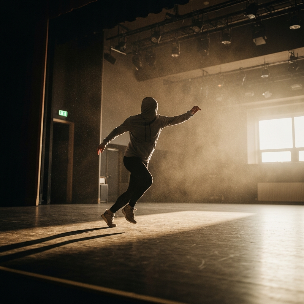 An empty theater stage bathed in soft, golden hour light. Dust motes dance in the air, creating a sense of quiet anticipation and focused preparation.