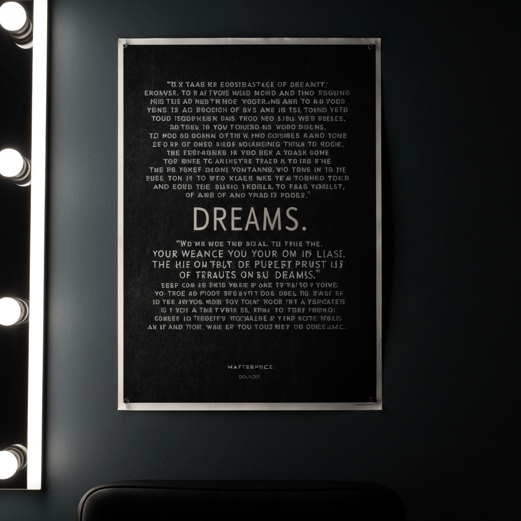 A motivational poster hanging in a backstage dressing room, featuring an inspiring quote about perseverance and the pursuit of dreams. The poster is slightly faded, conveying a sense of enduring encouragement and steadfast resolve.