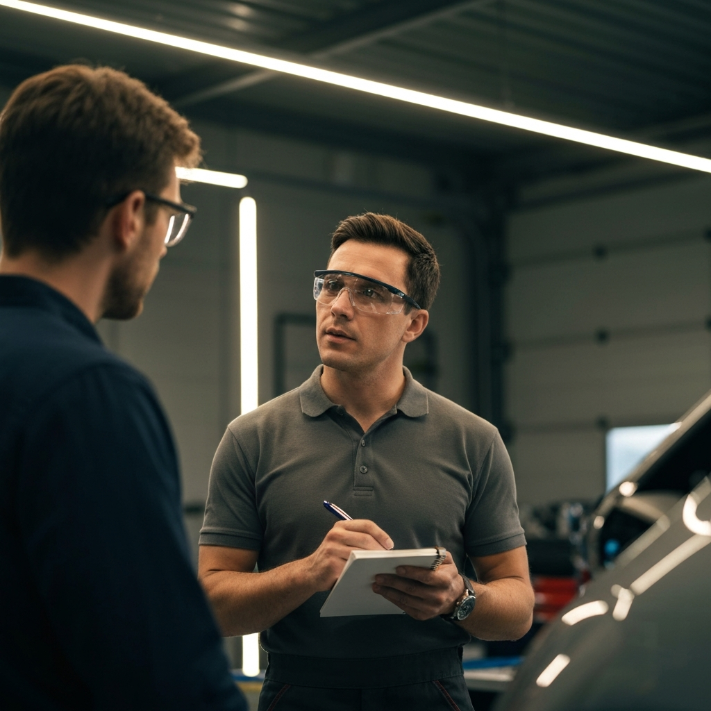 A mechanic in a clean, well-lit garage, wearing safety glasses, listening intently to a car owner explaining a noise. The mechanic holds a notepad and pen, bathed in the warm glow of overhead LED lights.