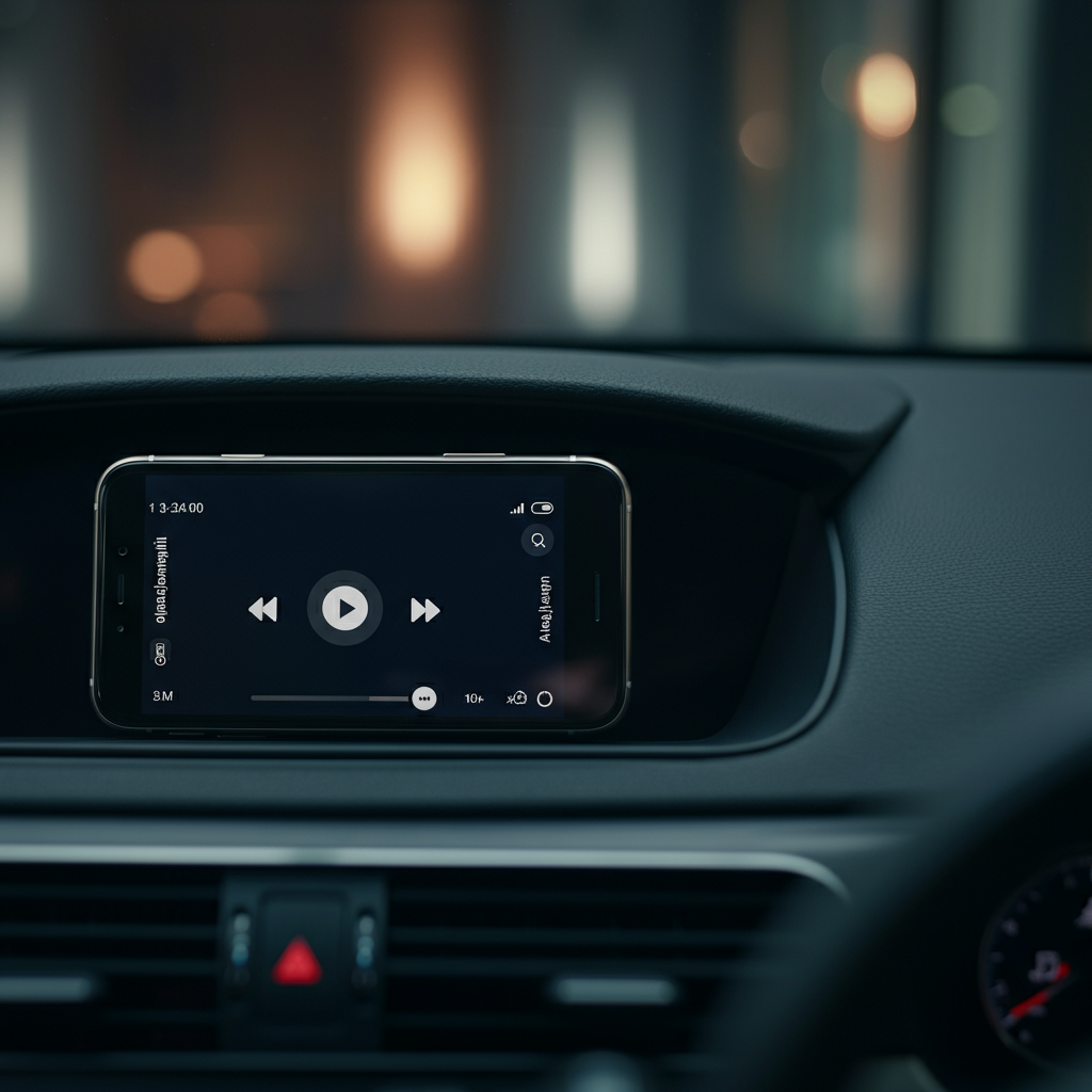 Close-up of a dashboard with a smartphone recording an audio clip. The dashboard is clean and shows only necessary gauges, with a soft bokeh of the steering wheel in the background.